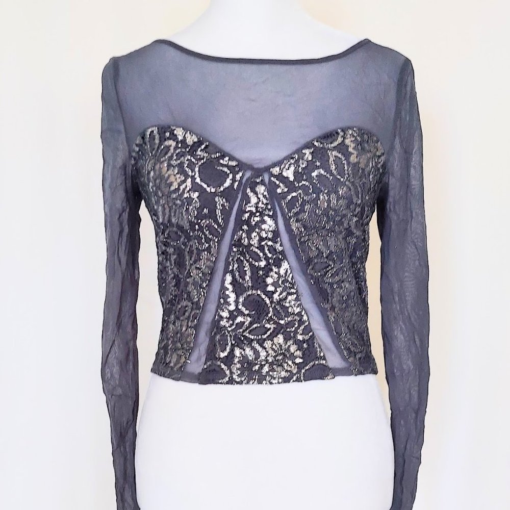 Kimchi Blue Metallic Mesh Long Sleeve Formal Top Purple Silver Size Medium